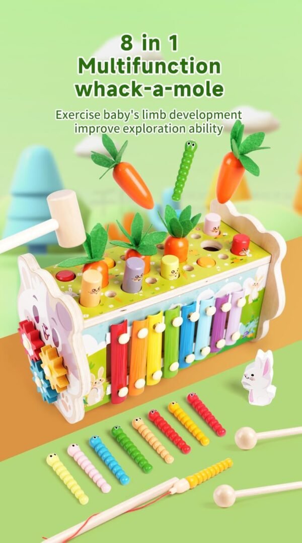 Montessori Toys for 1 Year Old, (8 in 1) ,Wooden Hammering Pounding Toy , Whack A Mole Game for Toddlers Xylophone Fishing Game, Toddler Activities for Baby Girl Boy Age 1 2 3 Years Old Birthday Gift