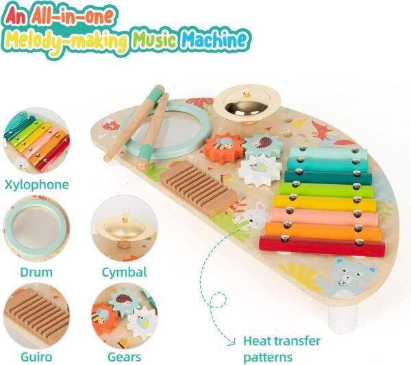 Baby Toys Musical Instruments, All-in-one Wooden Montessori Musical Set for 1&2Y (Includes Xylophone Drum Cymbal Guiro Gears), Gifts for 1+ Year Old Girl Preschool