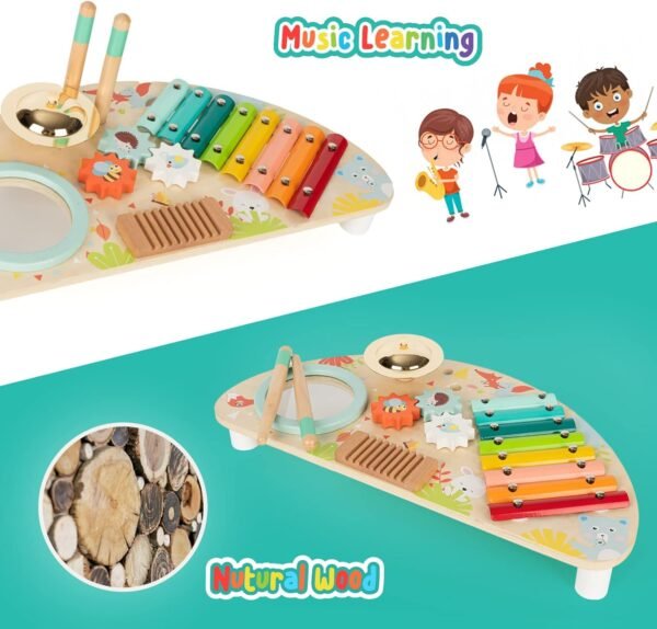 Baby Toys Musical Instruments, All-in-one Wooden Montessori Musical Set for 1&2Y (Includes Xylophone Drum Cymbal Guiro Gears), Gifts for 1+ Year Old Girl Preschool