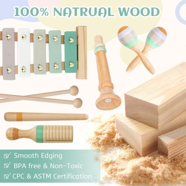 Musical Instruments Set - Neutral Colors Wooden Montessori Toys Percussion Music Modern Boho Xylophone Birthday Gifts for 1 2 3 Year Old Kids Baby Toddlers Boys Girls with Storage Bag