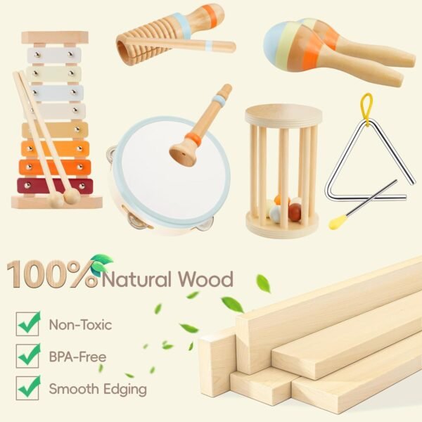 Baby Musical Instruments-Montessori Wooden Toys with Modern Boho Xylophone Tambourine, Neutral Colors Musical Toys for Toddlers 3+,Kids Preschool Educational Birthday Gifts.