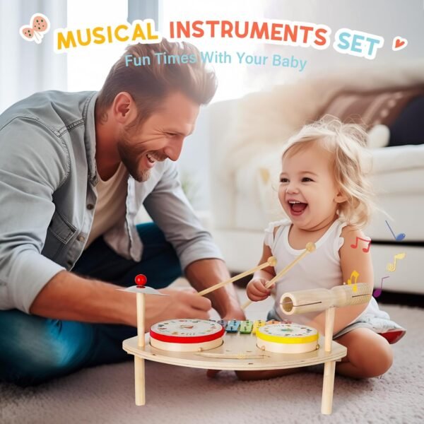Kids Drum Set for Toddlers 1-3, Baby Preschool Musical Toys 7 in 1 Montessori Instruments Set Wooden Music Toy Baby Drum Kit Xylophone Birthday Gifts for Boys Girls
