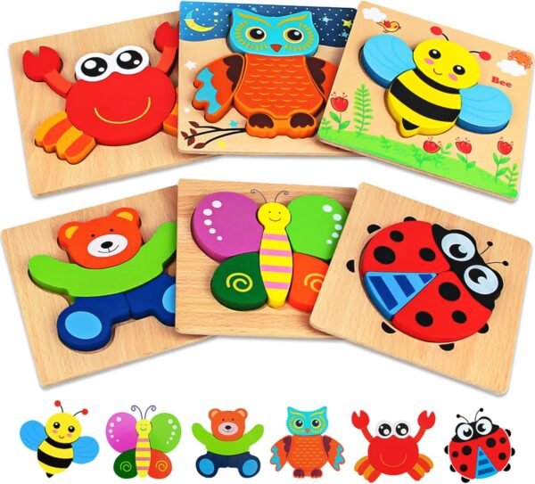 Wooden Puzzles for Toddlers Ages 1-3, Montessori Toys for 1 2 3 Years Old Girls Boys Baby Kids Puzzle Learning Educational Christmas Birthday Gifts Toys 6 Pack Animal Jigsaw Puzzle