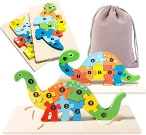 Wooden Toddler Puzzles for Kids Ages 3-5, Wooden Puzzles for Toddler, Montessori Toys for 3 Year Old Boys and Girls, 3-Pack Dinosaur Puzzles and 1-Pack Animal Wooden Puzzle