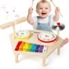 Kids Drum Set for Toddlers 1-3, Baby Preschool Musical Toys 7 in 1 Montessori Instruments Set Wooden Music Toy Baby Drum Kit Xylophone Birthday Gifts for Boys Girls
