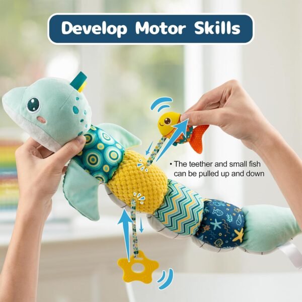 Infant Baby Musical Plush Toys, Stuffed Animal Activity Soft Toys with Multi-Sensory Crinkle, Rattle and Textures for 0-3-6-12 Months Developmental Toys, Dolphin, Water Dinosaurs, Blue