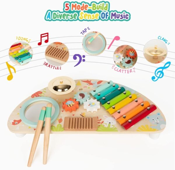 Baby Toys Musical Instruments, All-in-one Wooden Montessori Musical Set for 1&2Y (Includes Xylophone Drum Cymbal Guiro Gears), Gifts for 1+ Year Old Girl Preschool