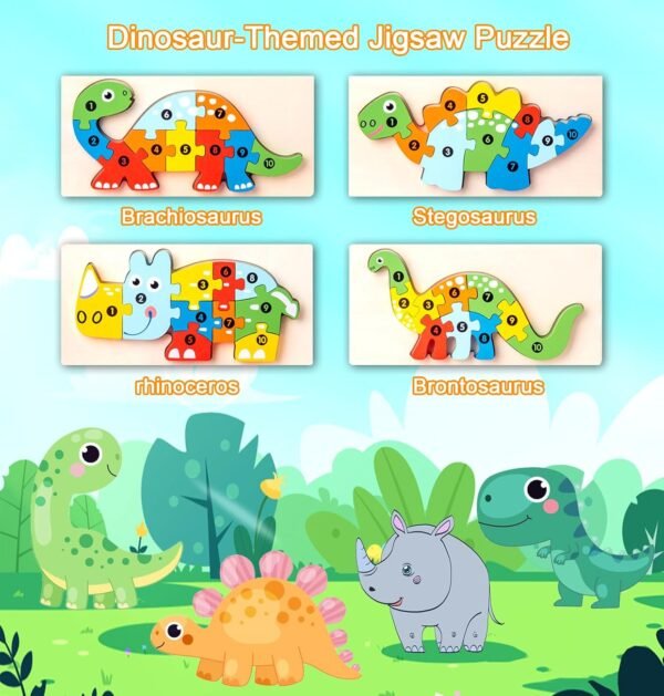 Wooden Toddler Puzzles for Kids Ages 3-5, Wooden Puzzles for Toddler, Montessori Toys for 3 Year Old Boys and Girls, 3-Pack Dinosaur Puzzles and 1-Pack Animal Wooden Puzzle