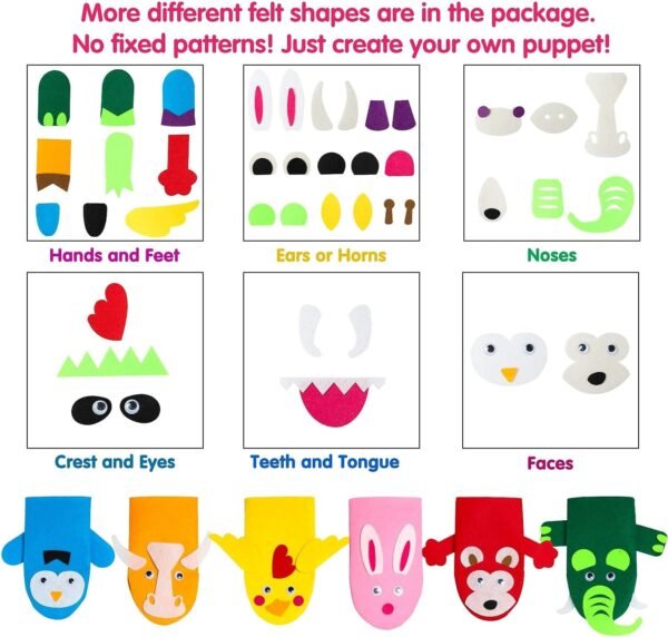 6Pcs Hand Puppet Making Kit, Art Craft Felt Sock Puppet Toys, Creative DIY Make Your Own Puppets Pompoms Wiggle Googly Eyes Storytelling Role Play Party Supplies Gift for Girls Boys (Animals)