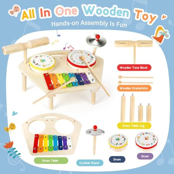 Kids Drum Set for Toddlers 1-3, Baby Preschool Musical Toys 7 in 1 Montessori Instruments Set Wooden Music Toy Baby Drum Kit Xylophone Birthday Gifts for Boys Girls