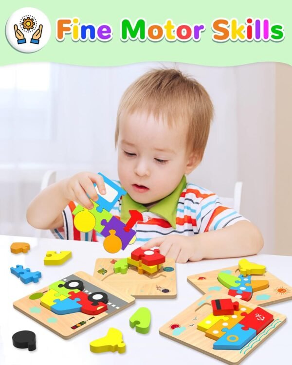 Wooden Toddler Puzzles Gifts Toys for 1 2 3 Years Old Boys Girls, 6 Vehicle Shape Montessori Toys Educational Blocks Kids Toys Gift Baby Learning Toy Age 1-3, 2-4