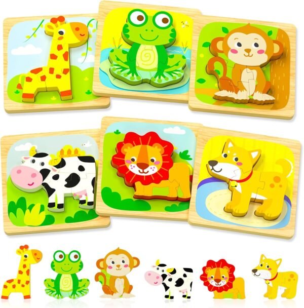 Wooden Toddler Puzzles, 6pcs Animal Montessori Toys for 1-3 Year Old Boys & Girls, Learning Educational Preschool Toys, Great Gifts for 1 2 3 Year Olds