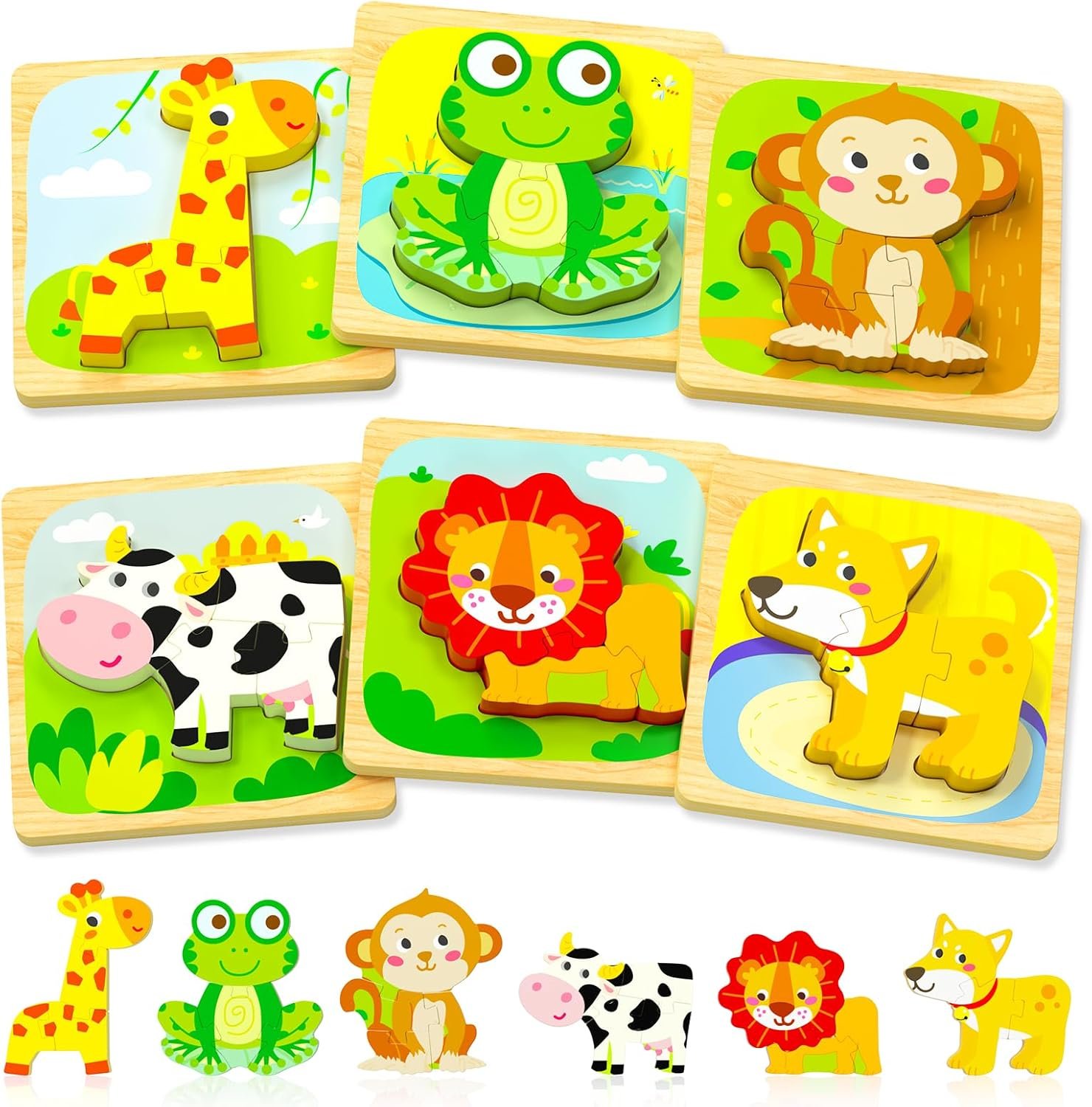 Wooden Toddler Puzzles, 6pcs Animal Montessori Toys for 1-3 Year Old ...