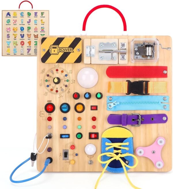 71VHUWpzGtL._AC_SL1500 Montessori Toys for 1-3 Years Old, Wooden Toddler Toys, Sensory Travel Toys, Gift for 1+ Year Old Boys (Busy Board Plus V2)