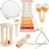 Baby Musical Instruments-Montessori Wooden Toys with Modern Boho Xylophone Tambourine, Neutral Colors Musical Toys for Toddlers 3+,Kids Preschool Educational Birthday Gifts.