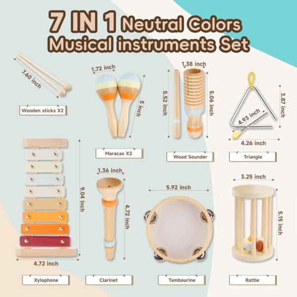 Baby Musical Instruments-Montessori Wooden Toys with Modern Boho Xylophone Tambourine, Neutral Colors Musical Toys for Toddlers 3+,Kids Preschool Educational Birthday Gifts.