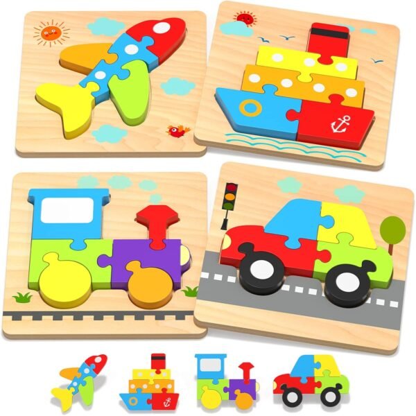 Wooden Toddler Puzzles Gifts Toys for 1 2 3 Years Old Boys Girls, 6 Vehicle Shape Montessori Toys Educational Blocks Kids Toys Gift Baby Learning Toy Age 1-3, 2-4