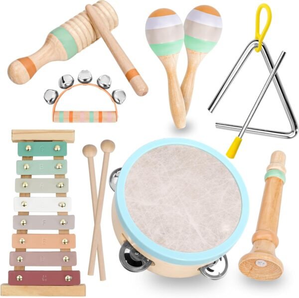 Musical Instruments Set - Neutral Colors Wooden Montessori Toys Percussion Music Modern Boho Xylophone Birthday Gifts for 1 2 3 Year Old Kids Baby Toddlers Boys Girls with Storage Bag