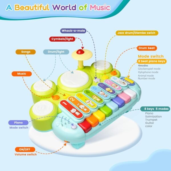 Kids Drum Set for Toddlers: 5 in 1 Baby Musical Instruments Musical Toys Children Drum kit Xylophone Microphone Piano Early Educational Learning Toy for Ages 18+ Months Girls Boys Birthday Gift