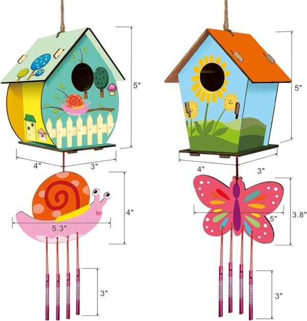 4 Pack DIY Bird House Wind Chime Kits for Children to Build and Paint, Wooden Arts and Crafts for Kids Girls Boys Toddlers Ages 8-12 4-6 6-8, Paint Kit Includes Paints & Brushes