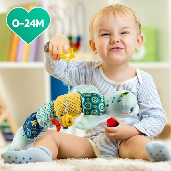 Infant Baby Musical Plush Toys, Stuffed Animal Activity Soft Toys with Multi-Sensory Crinkle, Rattle and Textures for 0-3-6-12 Months Developmental Toys, Dolphin, Water Dinosaurs, Blue