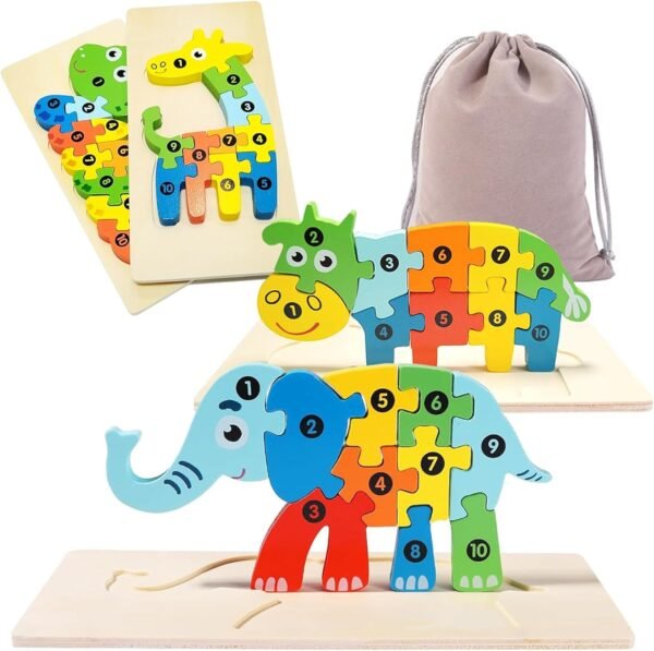 Wooden Toddler Puzzles for Kids Ages 3-5, Wooden Puzzles for Toddler, Montessori Toys for 3 Year Old Boys and Girls, 3-Pack Dinosaur Puzzles and 1-Pack Animal Wooden Puzzle