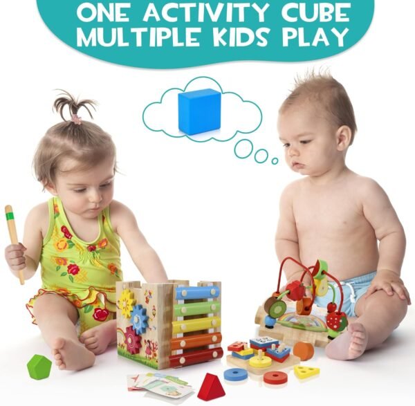 Wooden Activity Cube, 8-in-1 Montessori Toys for 1+ Year Old Boys & Girls, Educational Learning Toys for Toddlers Age 1-2, First Birthday Gift | Bonus Sorting & Stacking Board and Word Cards