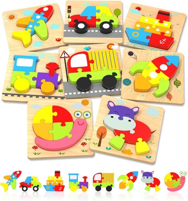 Wooden Toddler Puzzles Gifts Toys for 1 2 3 Years Old Boys Girls, 6 Vehicle Shape Montessori Toys Educational Blocks Kids Toys Gift Baby Learning Toy Age 1-3, 2-4