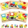Wooden Toddler Puzzles Gifts Toys for 1 2 3 Years Old Boys Girls, 6 Vehicle Shape Montessori Toys Educational Blocks Kids Toys Gift Baby Learning Toy Age 1-3, 2-4