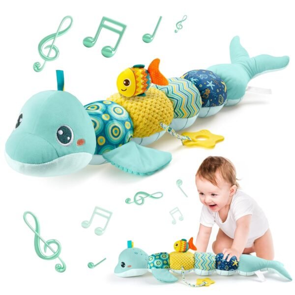 Infant Baby Musical Plush Toys, Stuffed Animal Activity Soft Toys with Multi-Sensory Crinkle, Rattle and Textures for 0-3-6-12 Months Developmental Toys, Dolphin, Water Dinosaurs, Blue