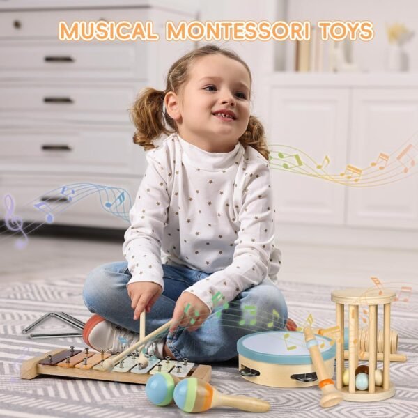 Toddler Musical Instruments, Montessori Baby Musical Instruments for Toddlers 1-3, Wooden Musical Toys with Modern Boho Xylophone for 1 2 3 Year Old Kids Preschool Educational Birthday Gift