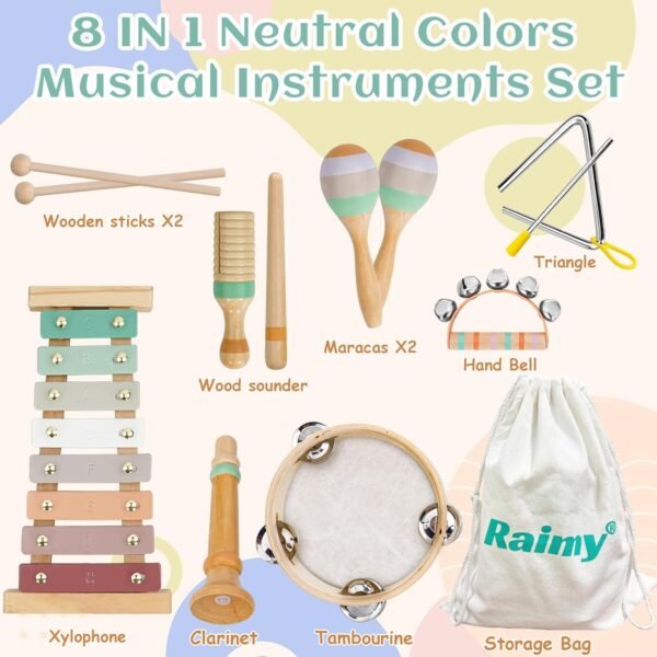 Musical Instruments Set - Neutral Colors Wooden Montessori Toys Percussion Music Modern Boho Xylophone Birthday Gifts for 1 2 3 Year Old Kids Baby Toddlers Boys Girls with Storage Bag