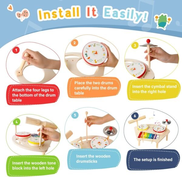 Kids Drum Set for Toddlers 1-3, Baby Preschool Musical Toys 7 in 1 Montessori Instruments Set Wooden Music Toy Baby Drum Kit Xylophone Birthday Gifts for Boys Girls