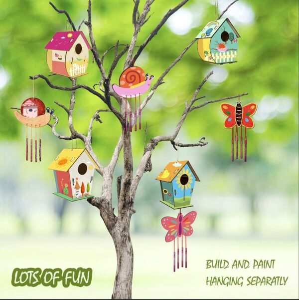 4 Pack DIY Bird House Wind Chime Kits for Children to Build and Paint, Wooden Arts and Crafts for Kids Girls Boys Toddlers Ages 8-12 4-6 6-8, Paint Kit Includes Paints & Brushes