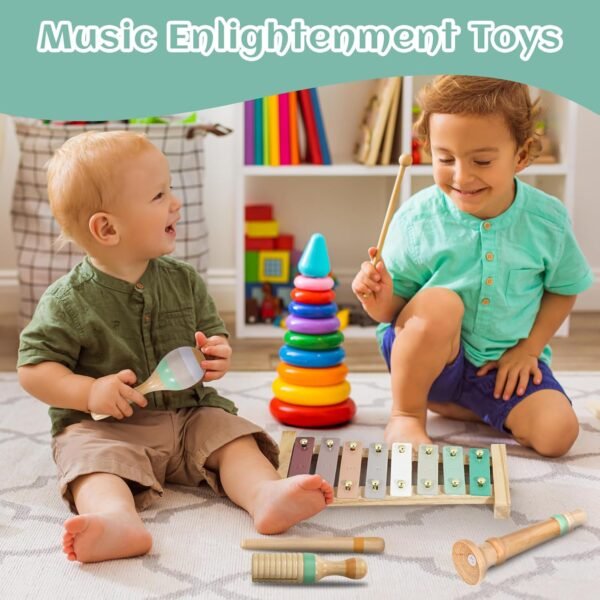 Musical Instruments Set - Neutral Colors Wooden Montessori Toys Percussion Music Modern Boho Xylophone Birthday Gifts for 1 2 3 Year Old Kids Baby Toddlers Boys Girls with Storage Bag