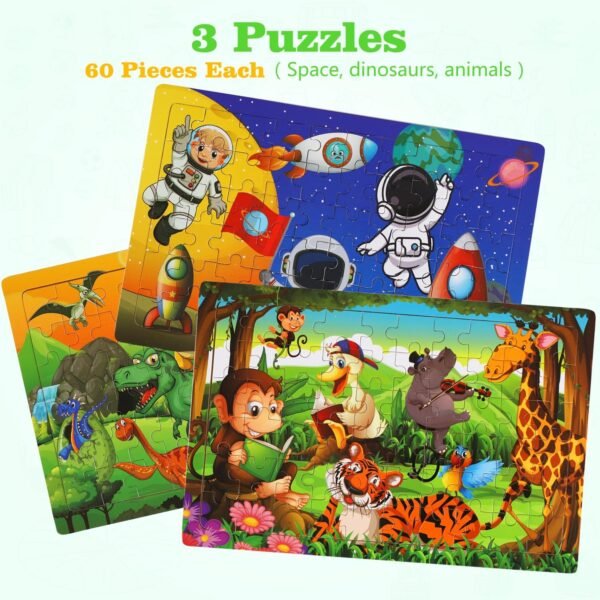 Wooden Puzzles Toys for Kids Ages 4-6, Set of 3 Packs with 60-Piece Wood Jigsaw Puzzles, Dinosaur, Animal and Space Theme. Ideal Gifts for Boys and Girls 3 4 5 6 7 8 Years Old