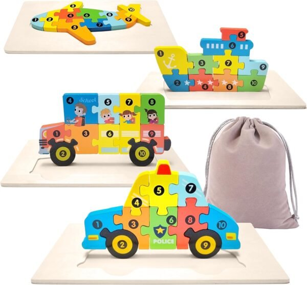 Wooden Toddler Puzzles for Kids Ages 3-5, Wooden Puzzles for Toddler, Montessori Toys for 3 Year Old Boys and Girls, 3-Pack Dinosaur Puzzles and 1-Pack Animal Wooden Puzzle