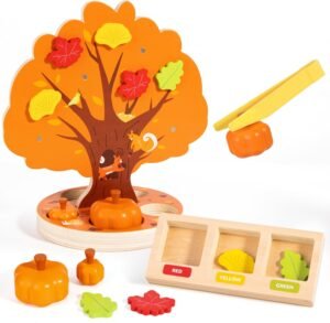 Montessori Toys for 3 4 5 6 Year Old, Pumpkin Picking Magnetic Leaves Tree Toy, Toddler Fine Motor Skill Toy, Wooden Sensory Color Sorting Toys, Fall Autumn Harvest Activities for Boys Girls