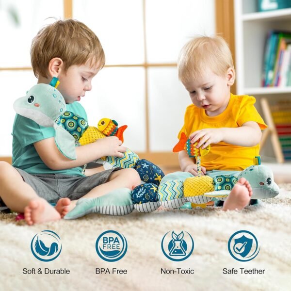 Infant Baby Musical Plush Toys, Stuffed Animal Activity Soft Toys with Multi-Sensory Crinkle, Rattle and Textures for 0-3-6-12 Months Developmental Toys, Dolphin, Water Dinosaurs, Blue