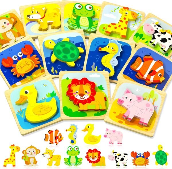 Wooden Toddler Puzzles, 6pcs Animal Montessori Toys for 1-3 Year Old Boys & Girls, Learning Educational Preschool Toys, Great Gifts for 1 2 3 Year Olds