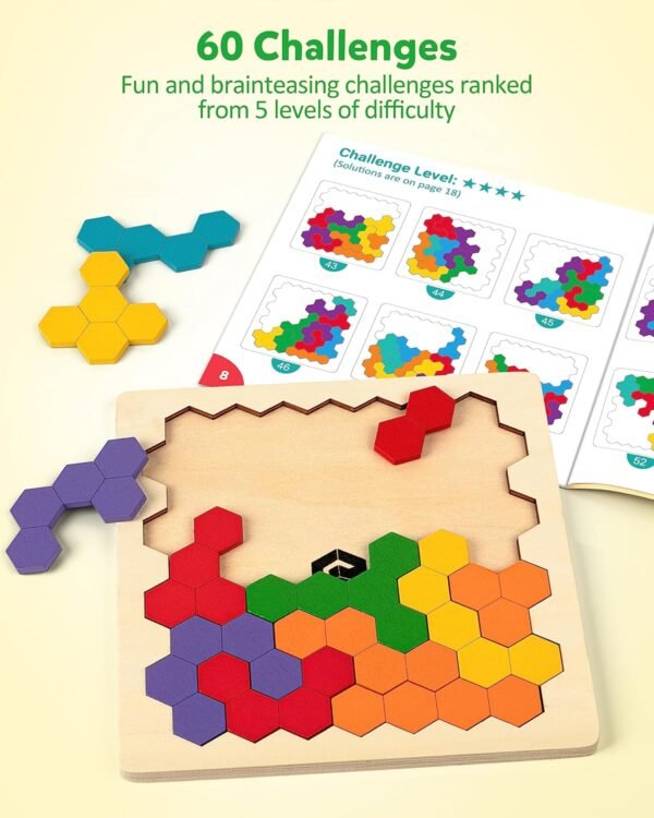 Wooden Tangram Puzzle, Color Shape Pattern Jigsaw Brain Teasers 3D Logic IQ Game Geometric Blocks Montessori STEM Educational Toys Gift for All Age