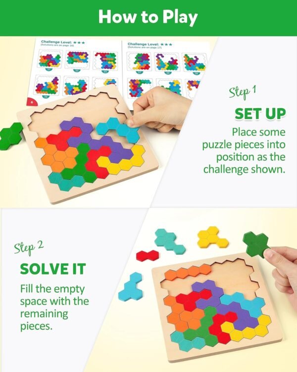 Wooden Tangram Puzzle, Color Shape Pattern Jigsaw Brain Teasers 3D Logic IQ Game Geometric Blocks Montessori STEM Educational Toys Gift for All Age