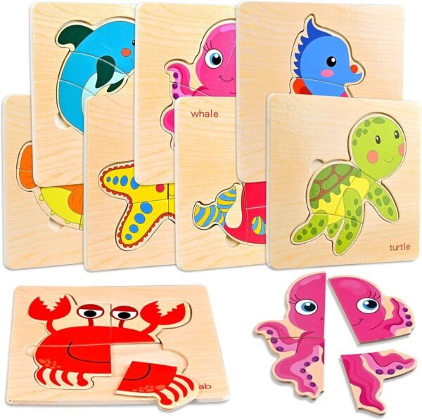 81GsLSYybKL._AC_SL1500 8pcs Wooden Puzzles for Toddlers 1-3, Toddler Puzzles Ages 2-4, Montessori Toys for 1-3+ Years Girl Boy, Sea Animal Puzzle for Kids, Jigsaw Puzzles Educational Toys Preschool Puzzles for 1-3