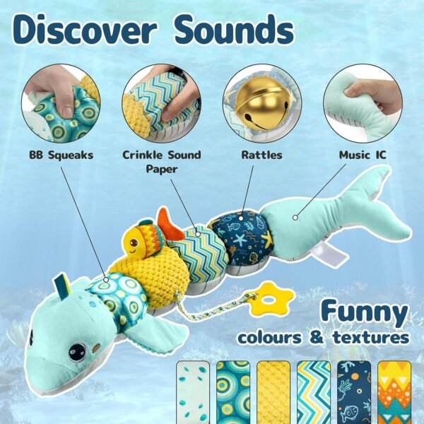 Infant Baby Musical Plush Toys, Stuffed Animal Activity Soft Toys with Multi-Sensory Crinkle, Rattle and Textures for 0-3-6-12 Months Developmental Toys, Dolphin, Water Dinosaurs, Blue