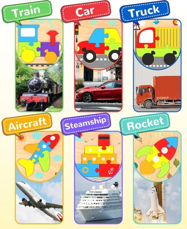 Wooden Toddler Puzzles Gifts Toys for 1 2 3 Years Old Boys Girls, 6 Vehicle Shape Montessori Toys Educational Blocks Kids Toys Gift Baby Learning Toy Age 1-3, 2-4