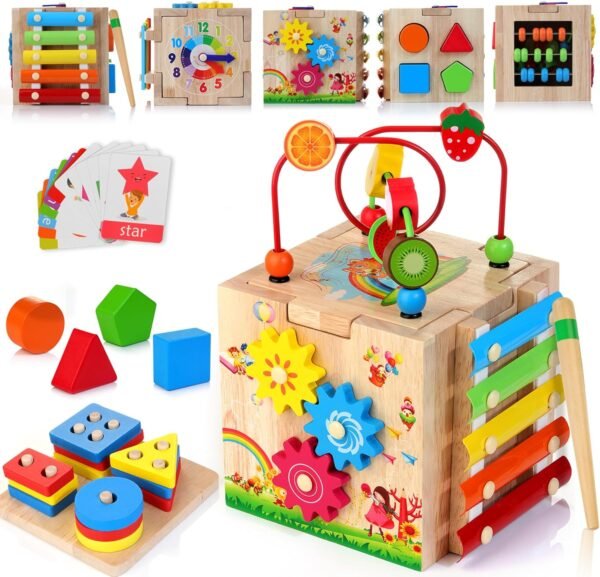 Wooden Activity Cube, 8-in-1 Montessori Toys for 1+ Year Old Boys & Girls, Educational Learning Toys for Toddlers Age 1-2, First Birthday Gift | Bonus Sorting & Stacking Board and Word Cards