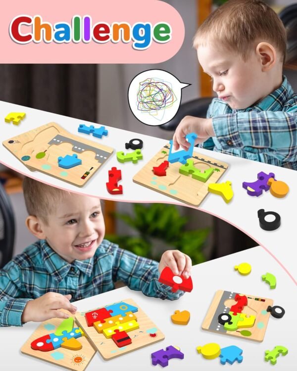 Wooden Toddler Puzzles Gifts Toys for 1 2 3 Years Old Boys Girls, 6 Vehicle Shape Montessori Toys Educational Blocks Kids Toys Gift Baby Learning Toy Age 1-3, 2-4