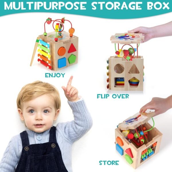 Wooden Activity Cube, 8-in-1 Montessori Toys for 1+ Year Old Boys & Girls, Educational Learning Toys for Toddlers Age 1-2, First Birthday Gift | Bonus Sorting & Stacking Board and Word Cards