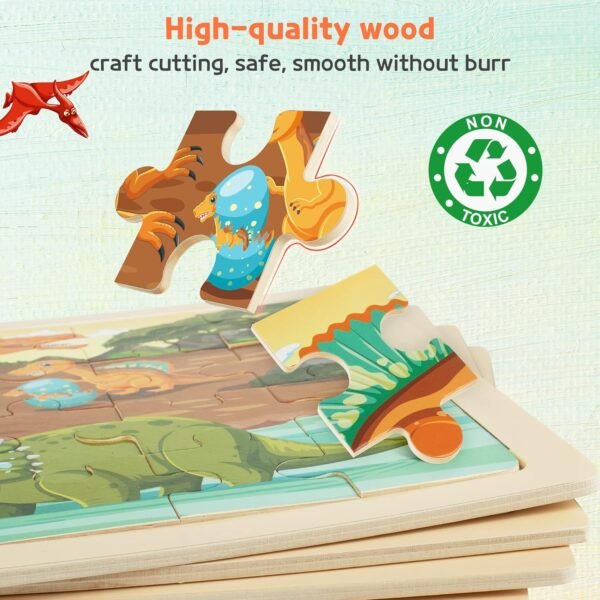 Large Dinosaur Wooden Puzzles for Kids 4 in 1 Gift Box(12.2*9.4 in) - FSC Certified, Jigsaw Puzzles for Toddlers 2-4, Puzzles for Kids Ages 4-6, Dinosaur Toys Gifts for 3 4 5 Year Old Boy Girl