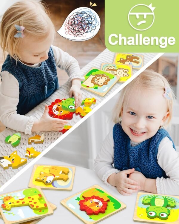 Wooden Toddler Puzzles, 6pcs Animal Montessori Toys for 1-3 Year Old Boys & Girls, Learning Educational Preschool Toys, Great Gifts for 1 2 3 Year Olds